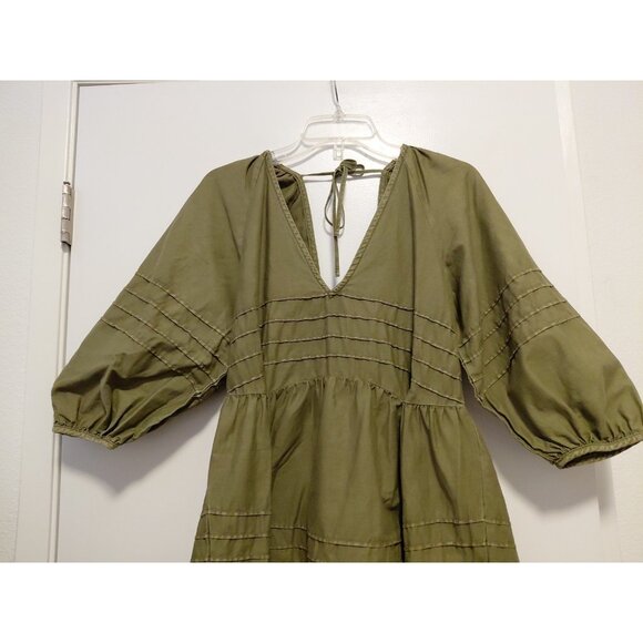 Free People Sweet Surrender Military Green Denim Dress Puff Sleeves Large - Picture 3 of 12